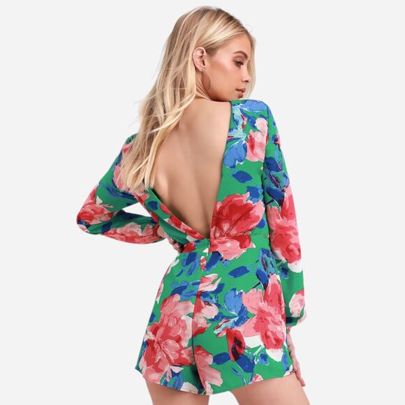 Lulu's Pants - NEW Lulus Women’s Romper Dopamine Floral Travelwear Green Print Open Back Sz L